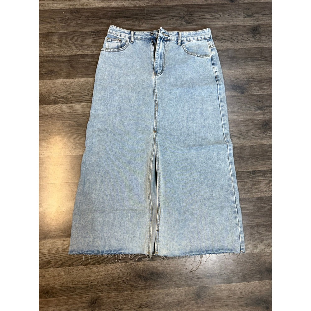 Light Wash Denim Maxi Skirt with Front Slit and Raw Hem Size Medium